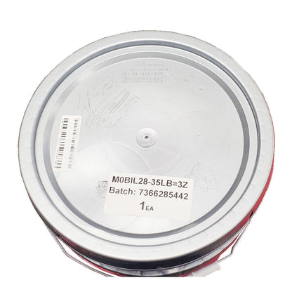 Top lid of Mobilgrease 28 35 lb pail with opening instructions and barcode stickers.
