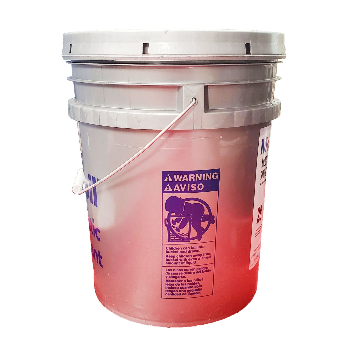 Mobilgrease 28 pail warning label showing child drowning hazard graphic.