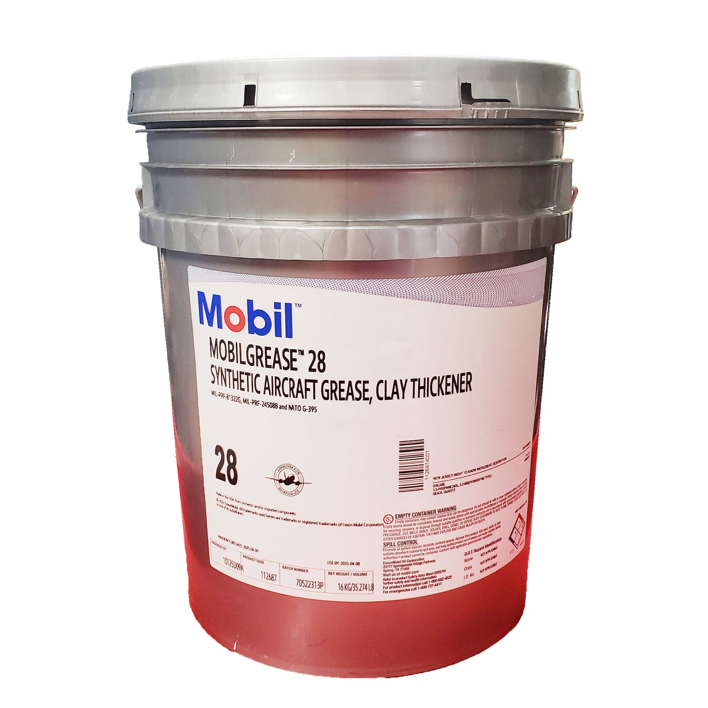 Mobilgrease 28 synthetic aircraft grease 35 lb pail MIL-PRF-81322G NATO G-395 use by 2031.