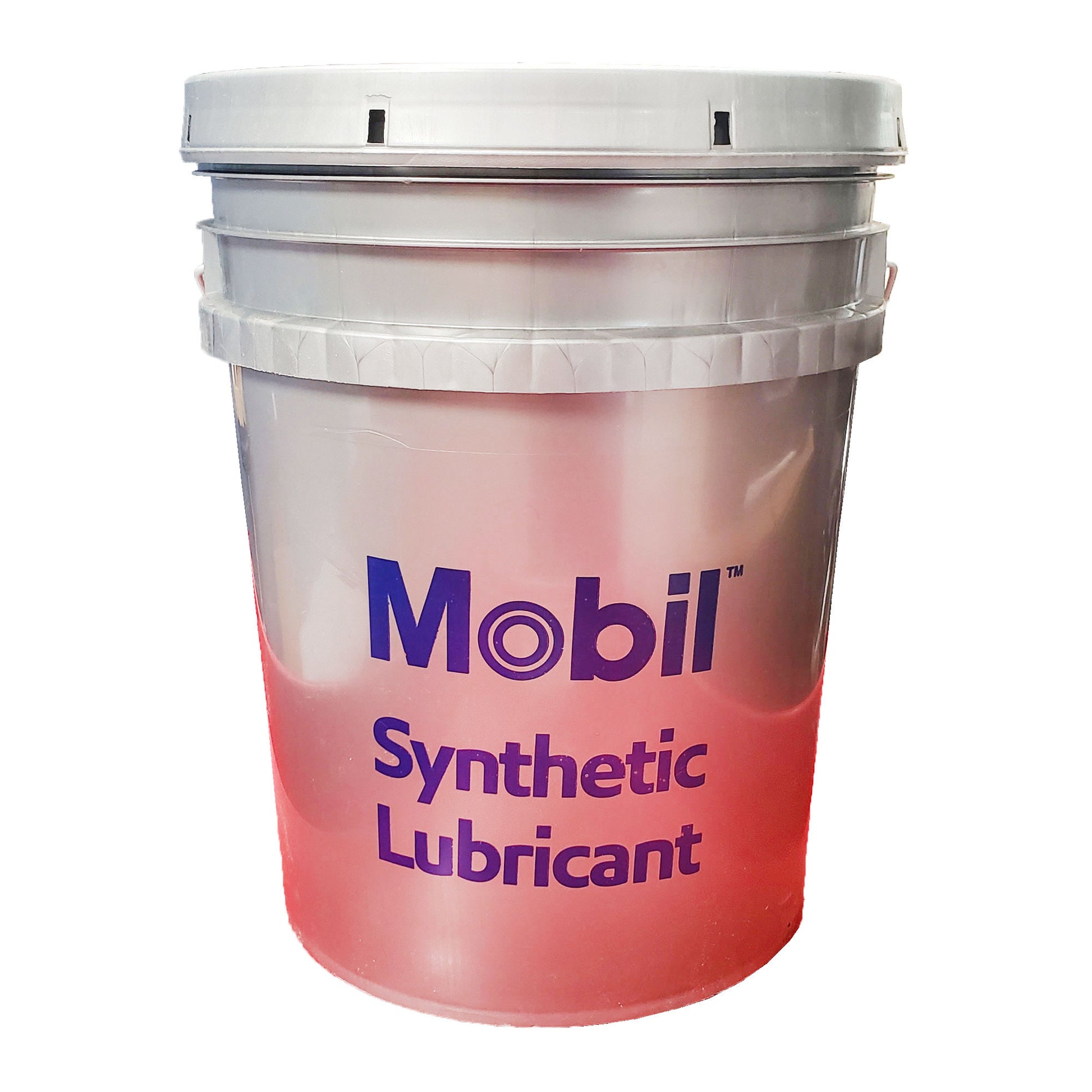 Side view of Mobil Synthetic Lubricant 35 lb grease pail with purple Mobil logo