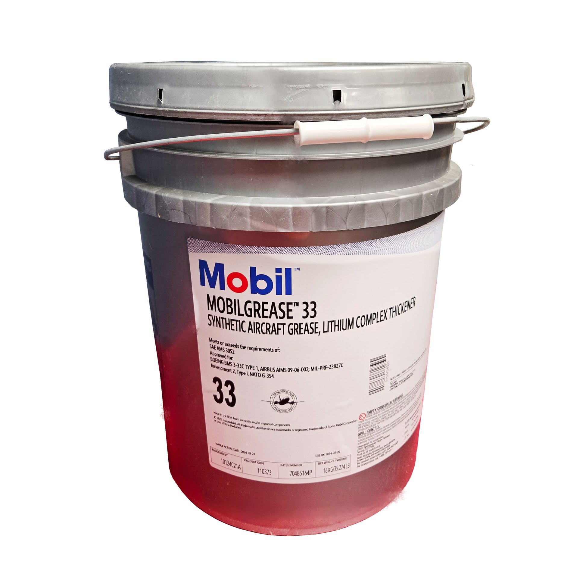 Front view of ExxonMobil Mobilgrease 33 aircraft grease pail showing product label and MIL-PRF-23827 certification details.