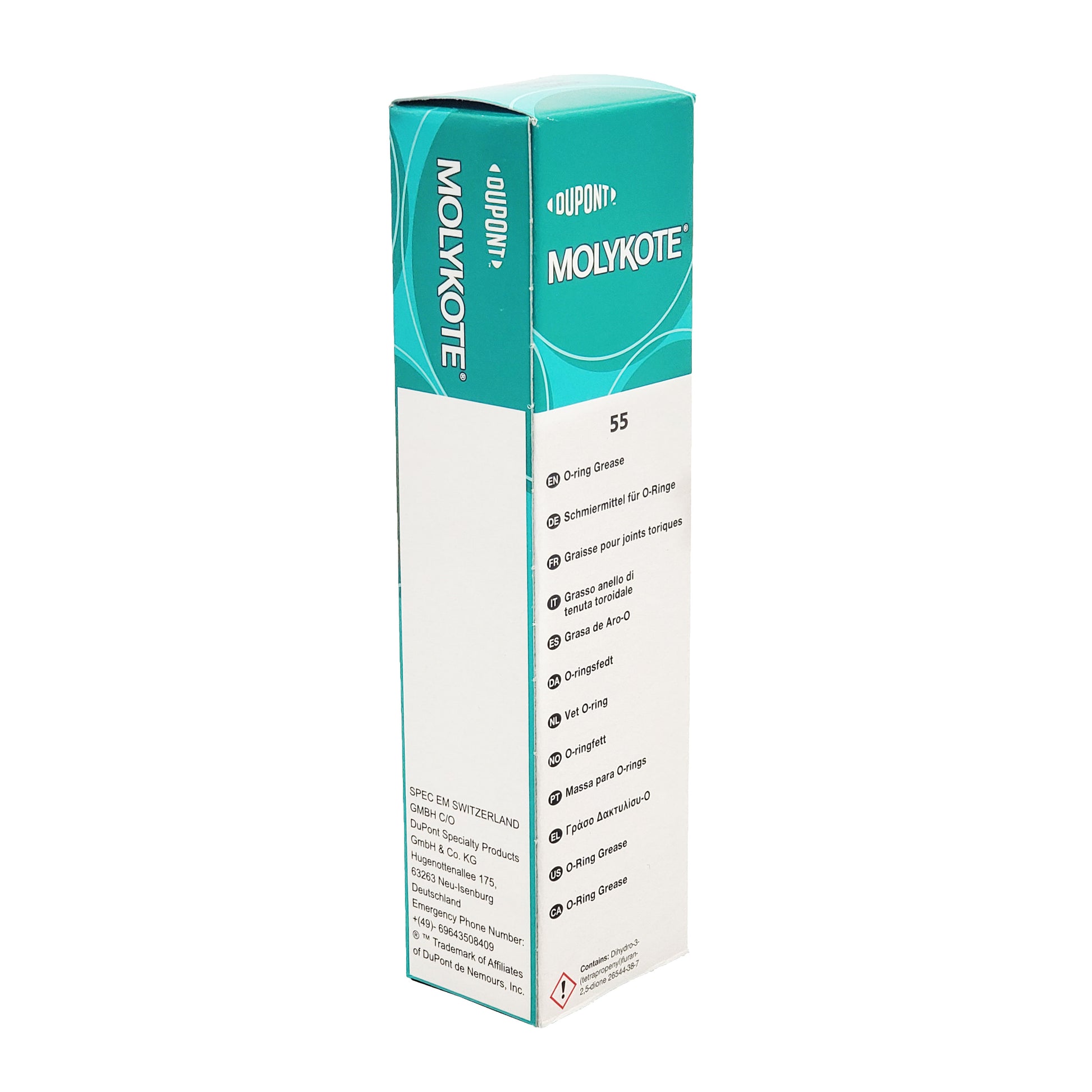Angled view of Molykote 55 O-ring grease product box showing DuPont Molykote branding and side panel contact information
