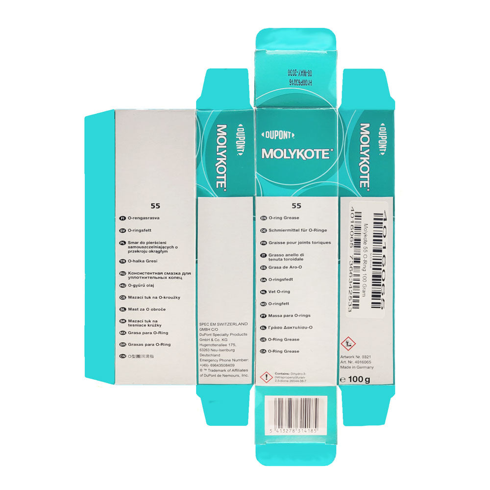 Flattened Molykote 55 O-ring grease box showing teal and white packaging with multilingual product name and labeling