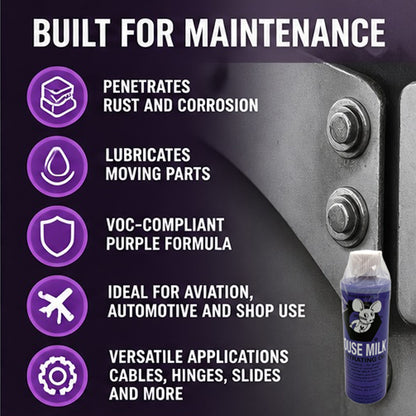 Mouse Milk Purple penetrating lubricant for rusted parts, moving components, cables, hinges, slides and linkages