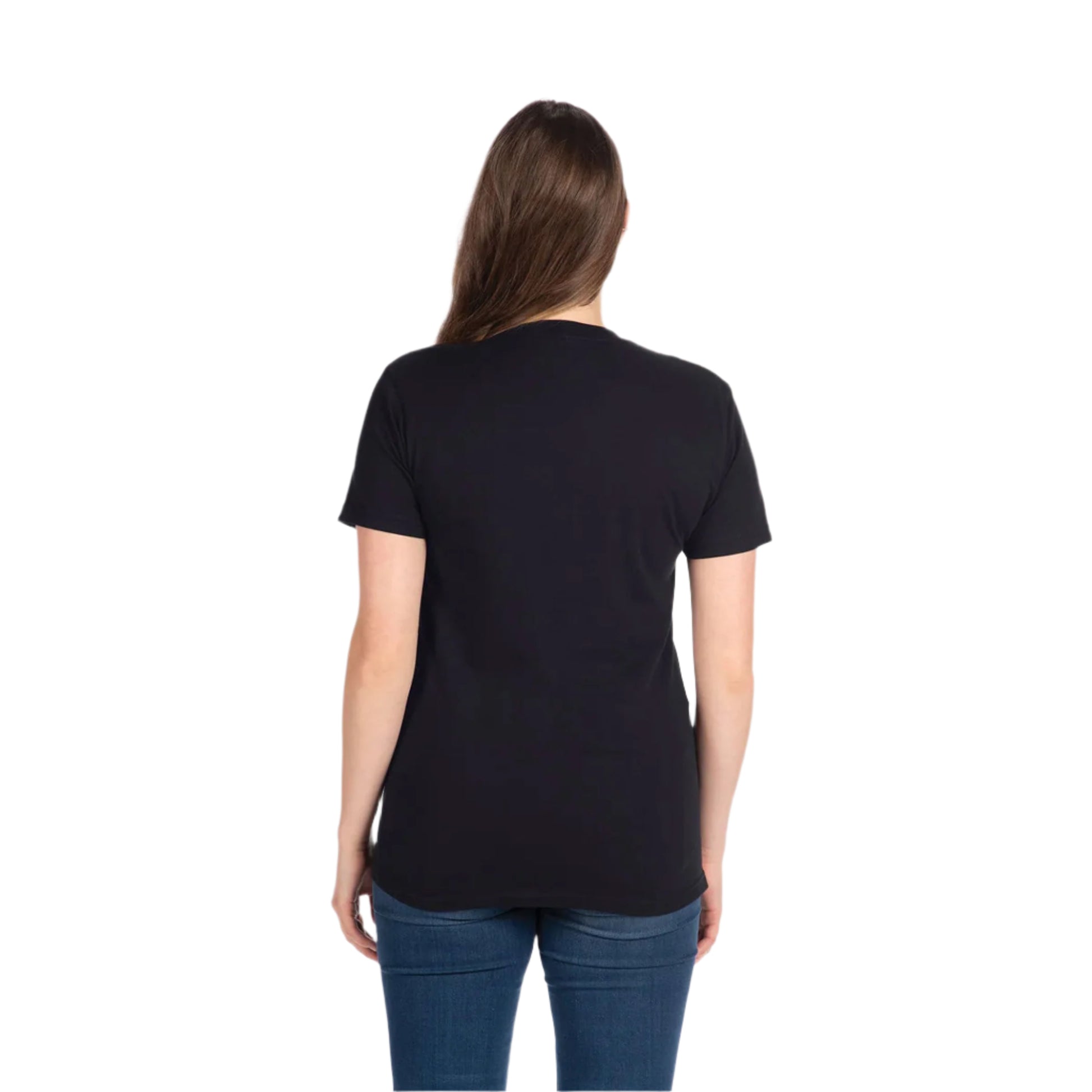 Next Level Unisex CVC Blank T-Shirt in Black – Back View on Woman