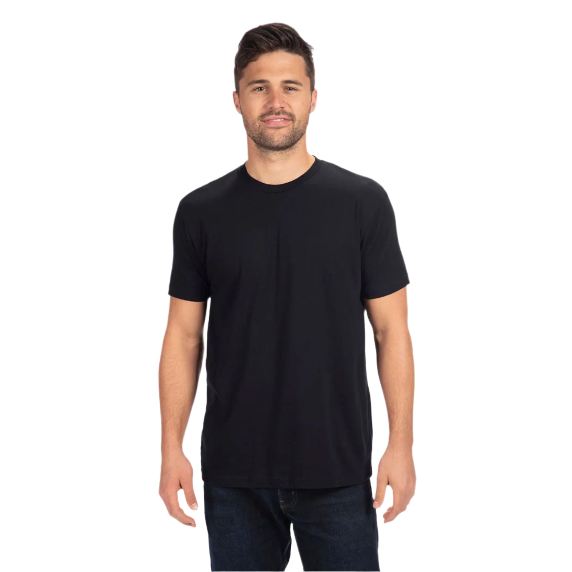 Next Level Unisex CVC Blank T-Shirt in Black – Front View on Man