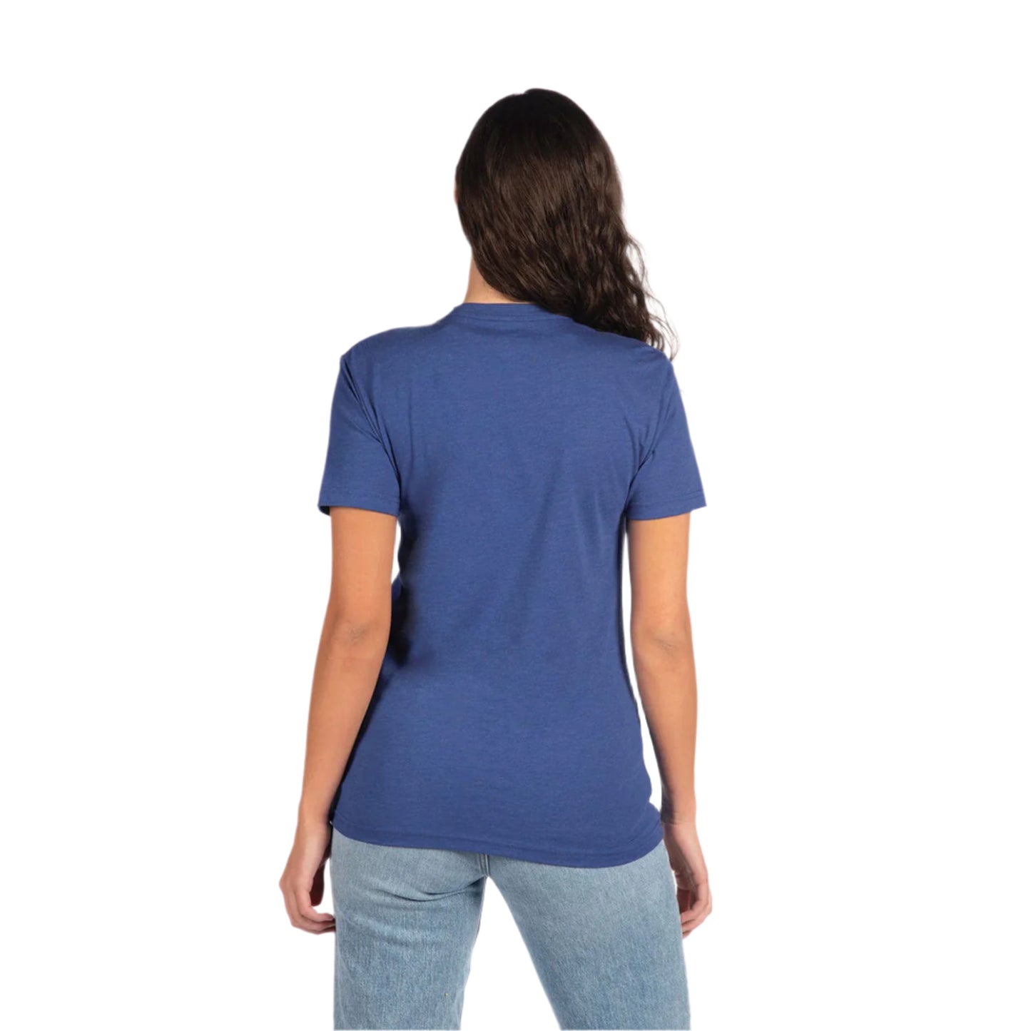 Next Level Unisex CVC Blank T-Shirt in Blue – Back View on Woman