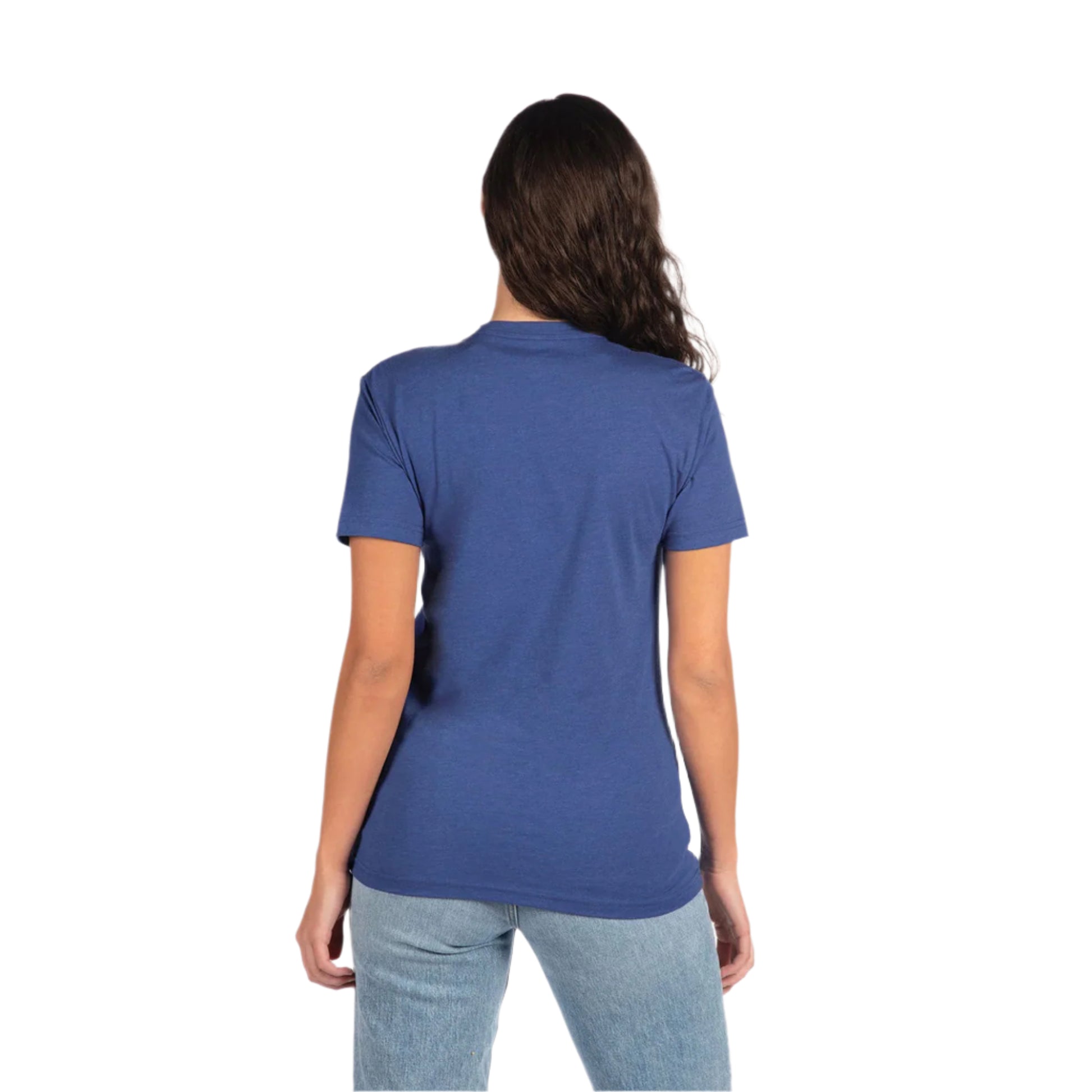 Next Level Unisex CVC Blank T-Shirt in Blue – Back View on Woman