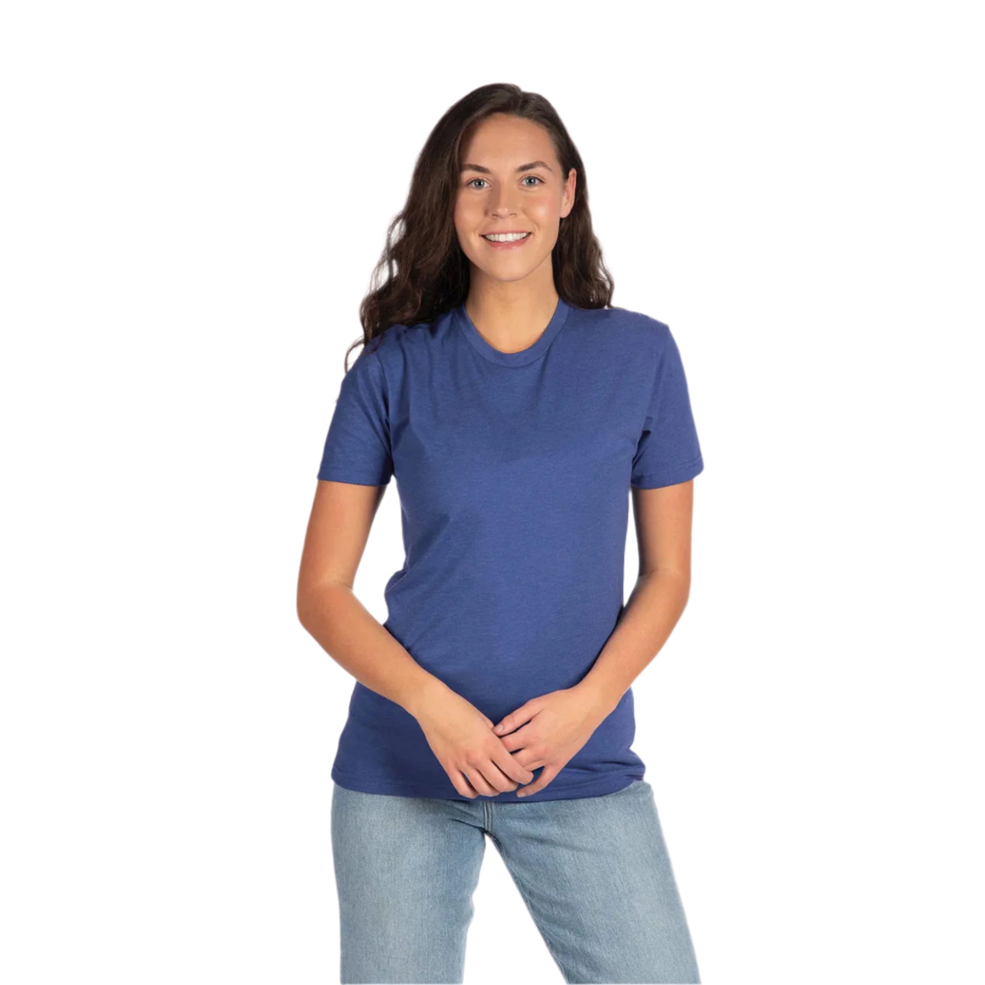 Next Level Unisex CVC Blank T-Shirt in Blue – Front View on Woman