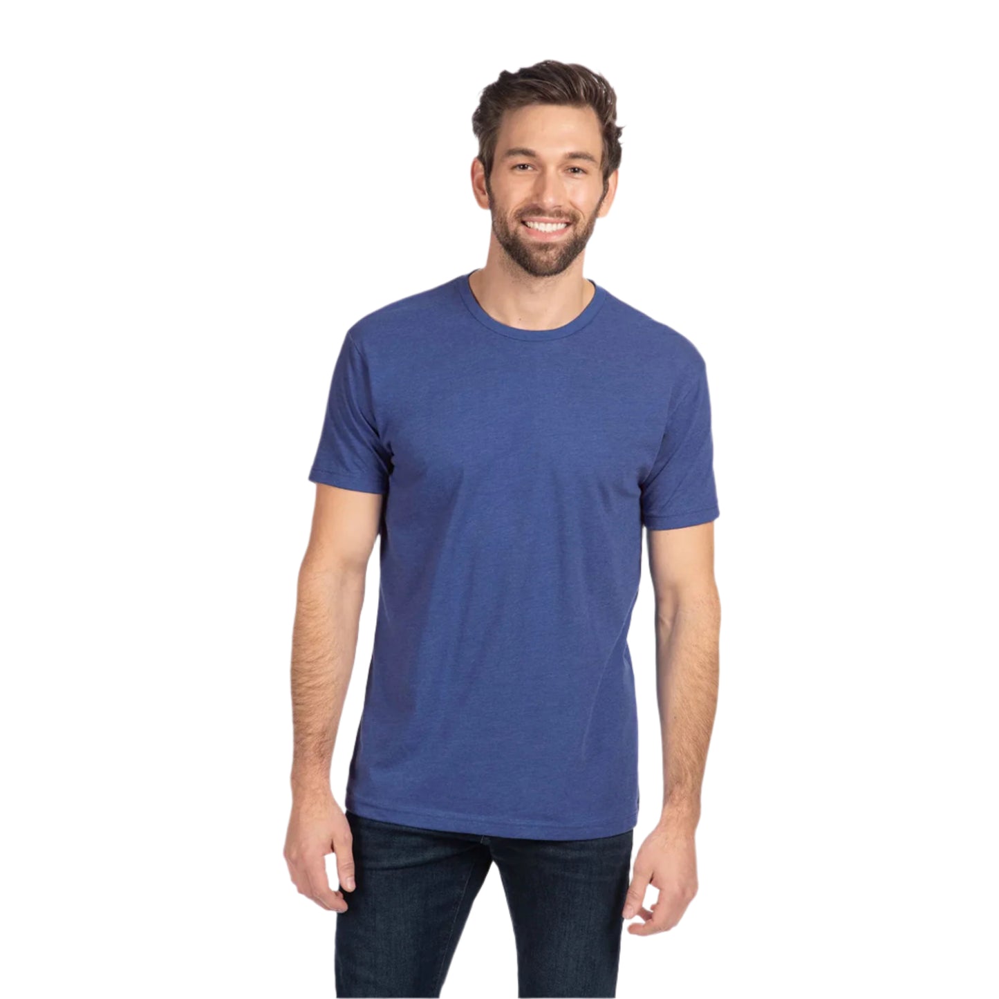 Next Level Unisex CVC Blank T-Shirt in Blue – Front View on Man
