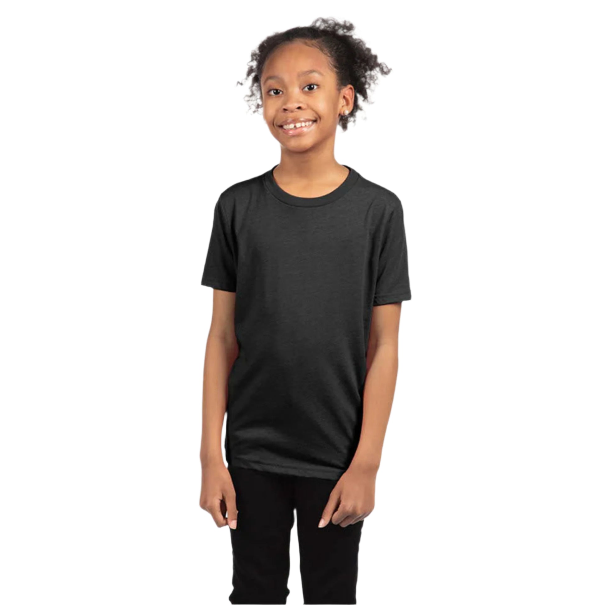 Next Level Youth Tri-Blend T-Shirt in Vintage Black – Front View on Girl