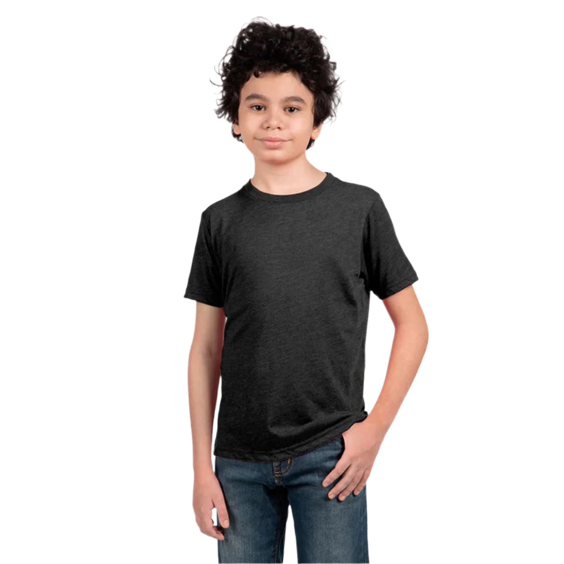 Next Level Youth Tri-Blend T-Shirt in Vintage Black – Front View on Boy