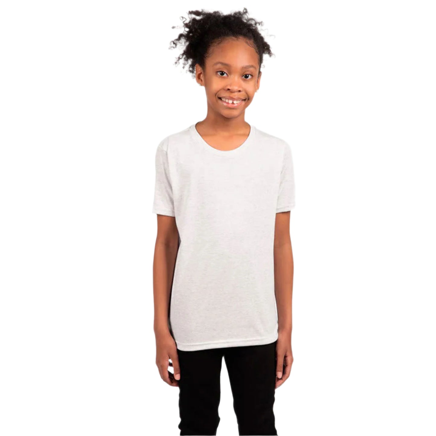 Next Level Youth Tri-Blend T-Shirt in Heather White – Front View on Girl