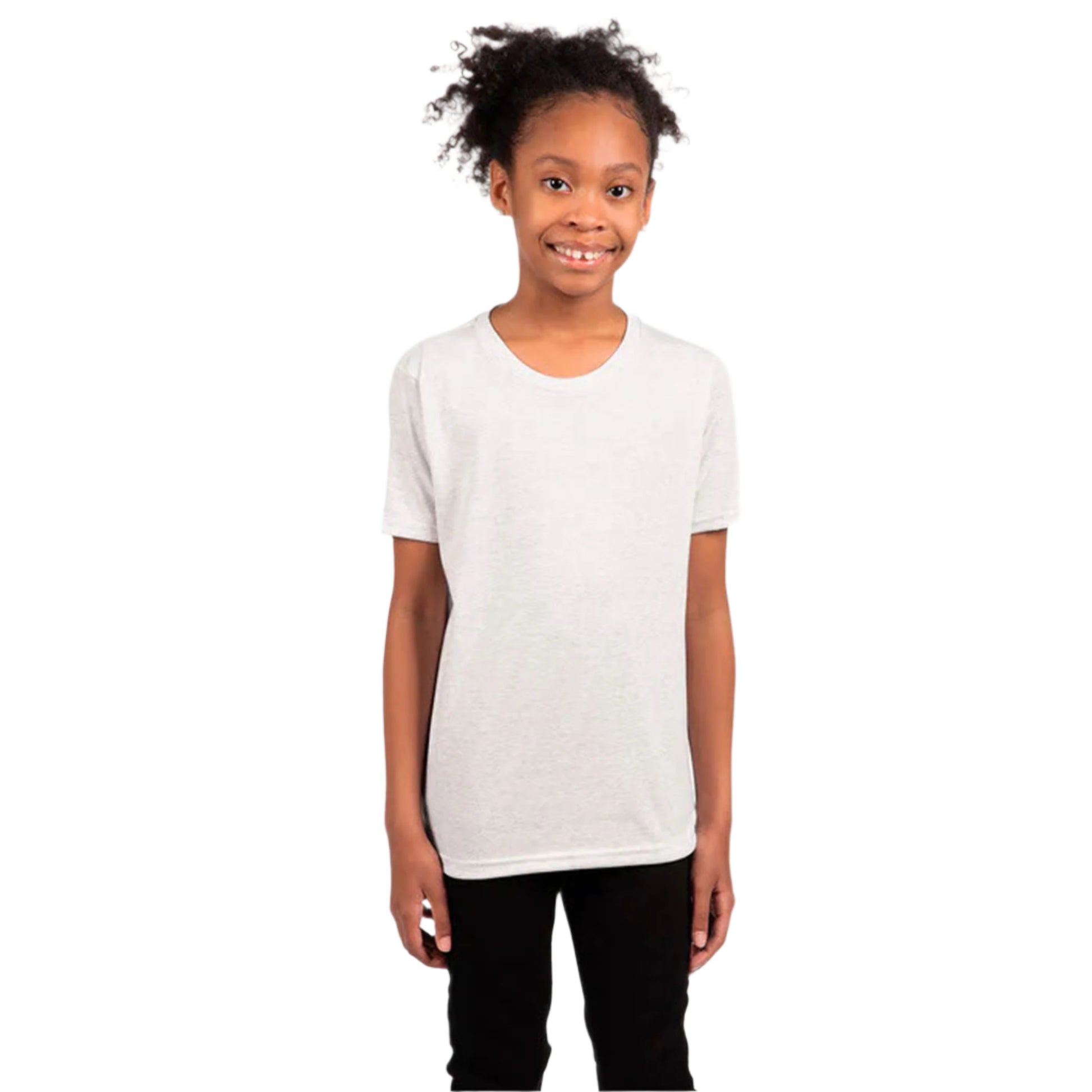 Next Level Youth Tri-Blend T-Shirt in Heather White – Front View on Girl