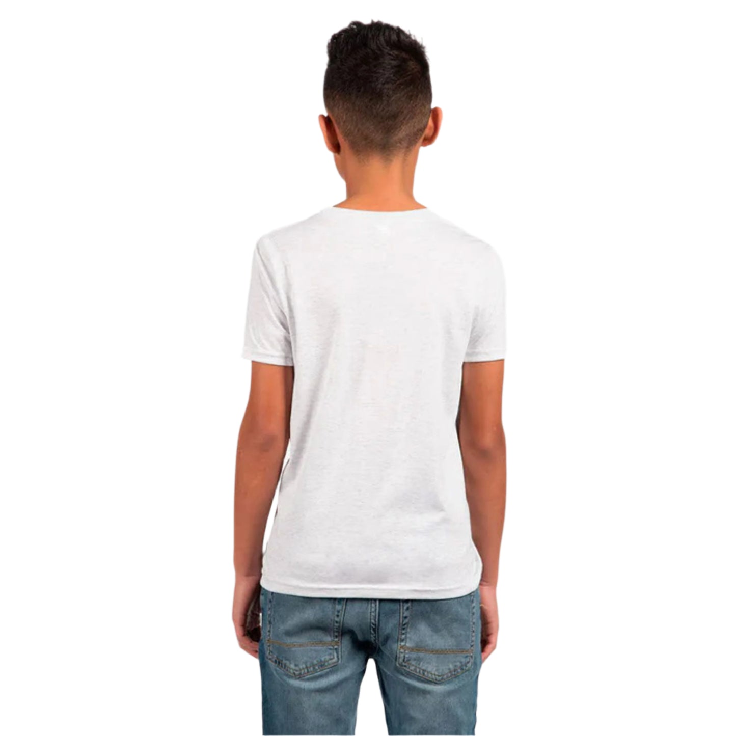 Next Level Youth Tri-Blend T-Shirt in Heather White – Back View on Boy