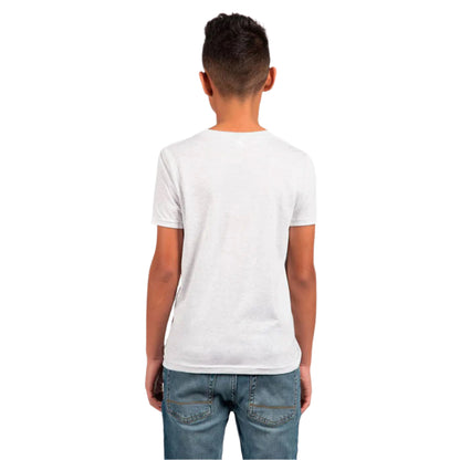 Next Level Youth Tri-Blend T-Shirt in Heather White – Back View on Boy