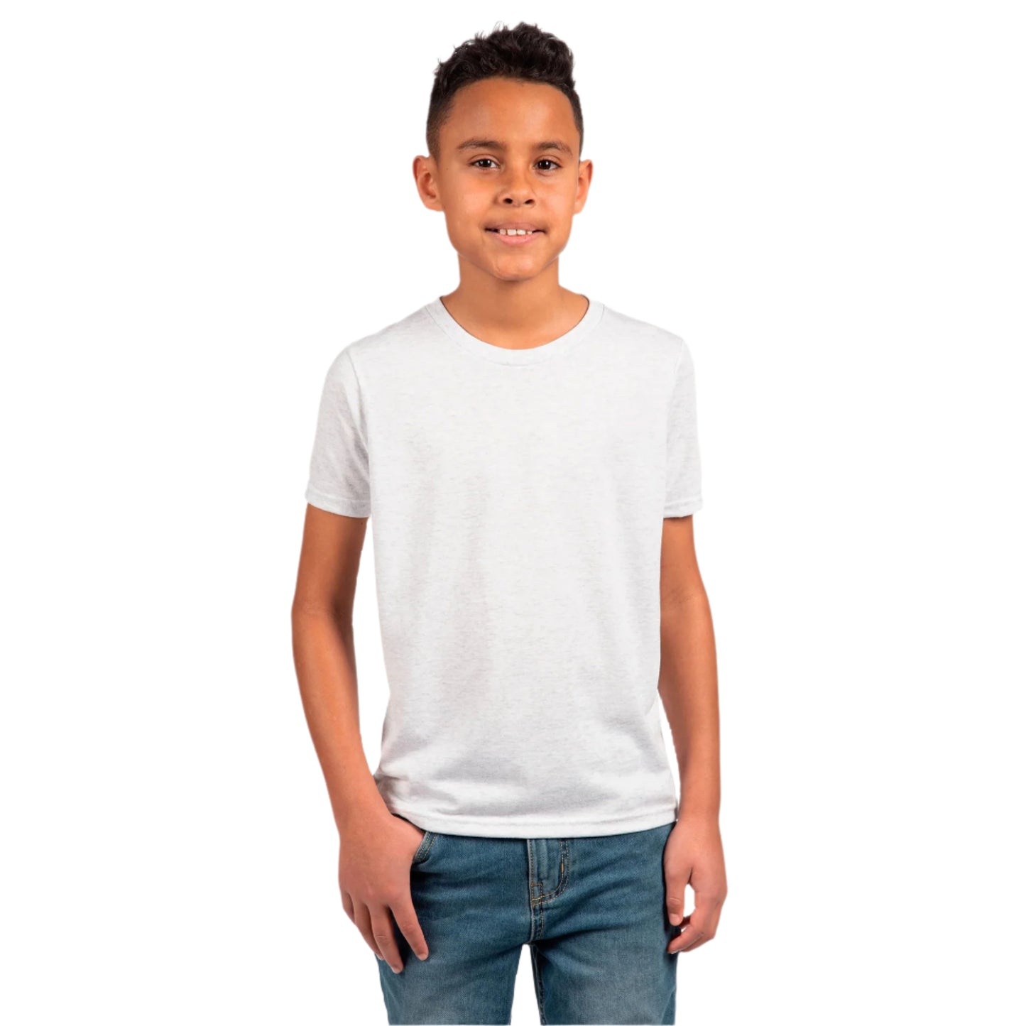 Next Level Youth Tri-Blend T-Shirt in Heather White – Front View on Boy