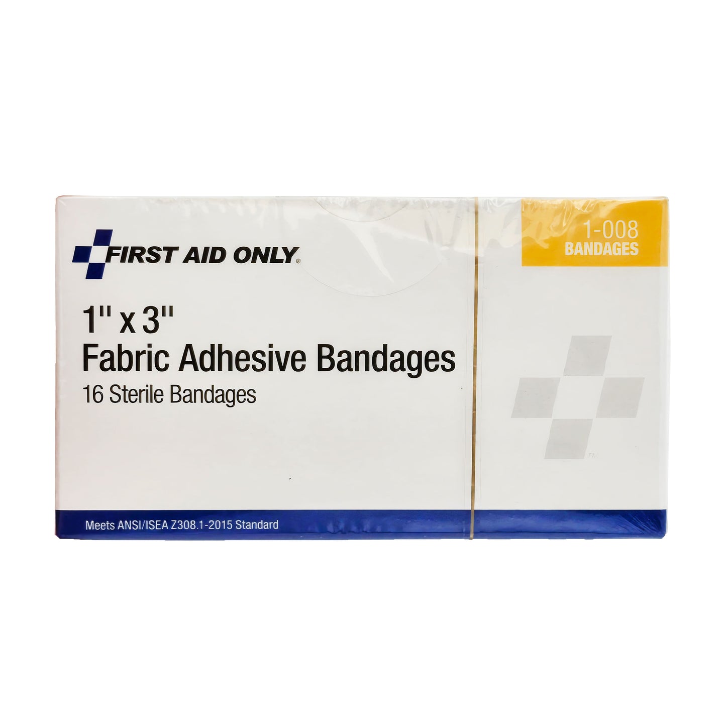 Front view of First Aid Only 1x3 inch fabric adhesive bandage box, 16 sterile bandages, ANSI/ISEA Z308.1-2015 compliant