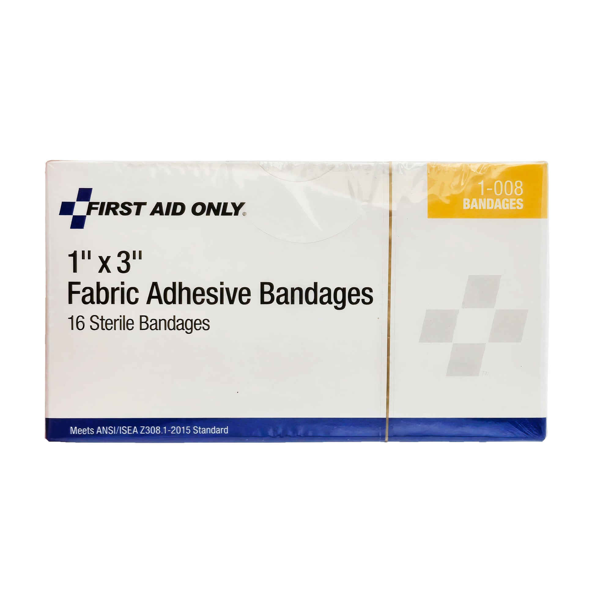 Front view of First Aid Only 1x3 inch fabric adhesive bandage box, 16 sterile bandages, ANSI/ISEA Z308.1-2015 compliant