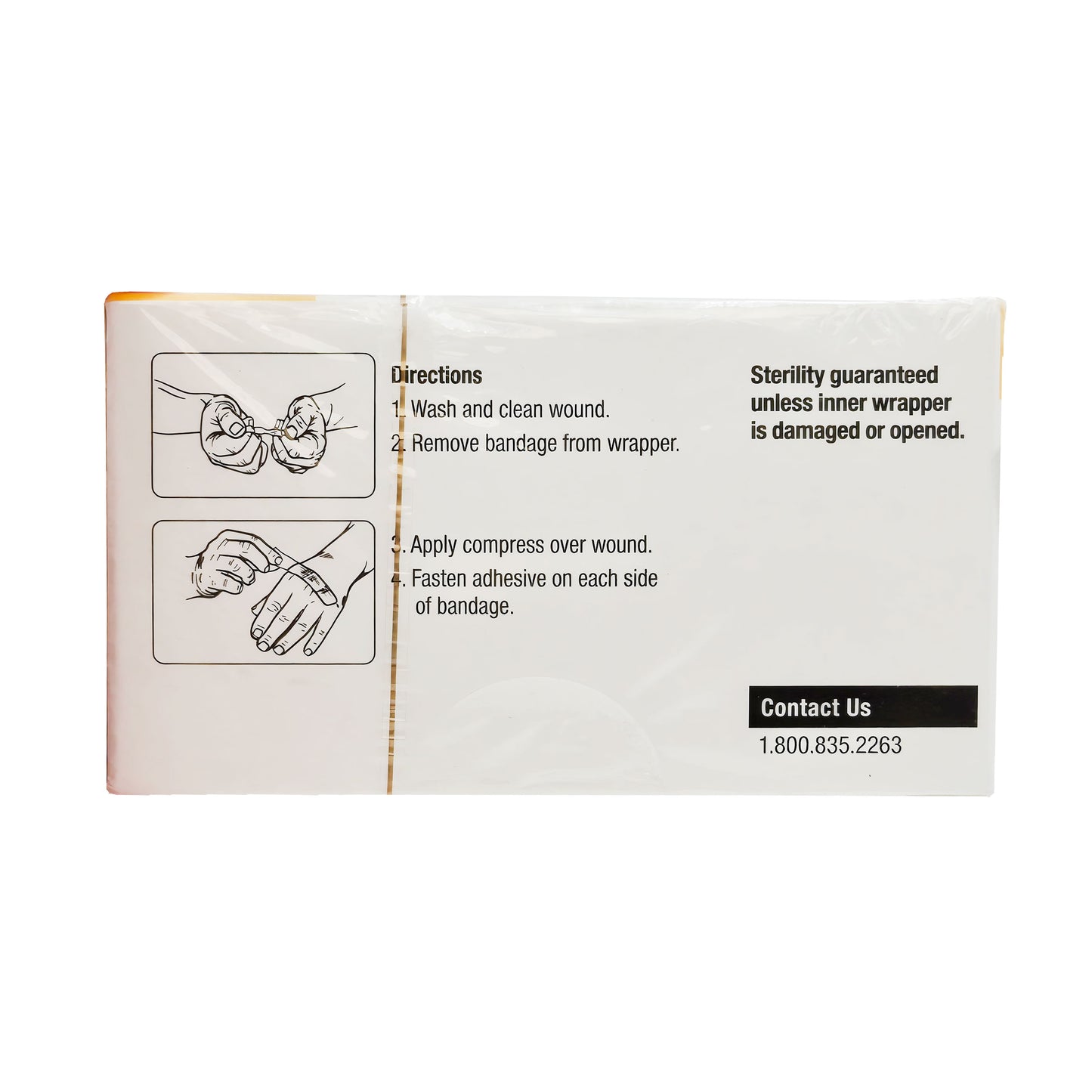 Back of First Aid Only fabric bandage box showing illustrated directions for use and sterility guarantee warning