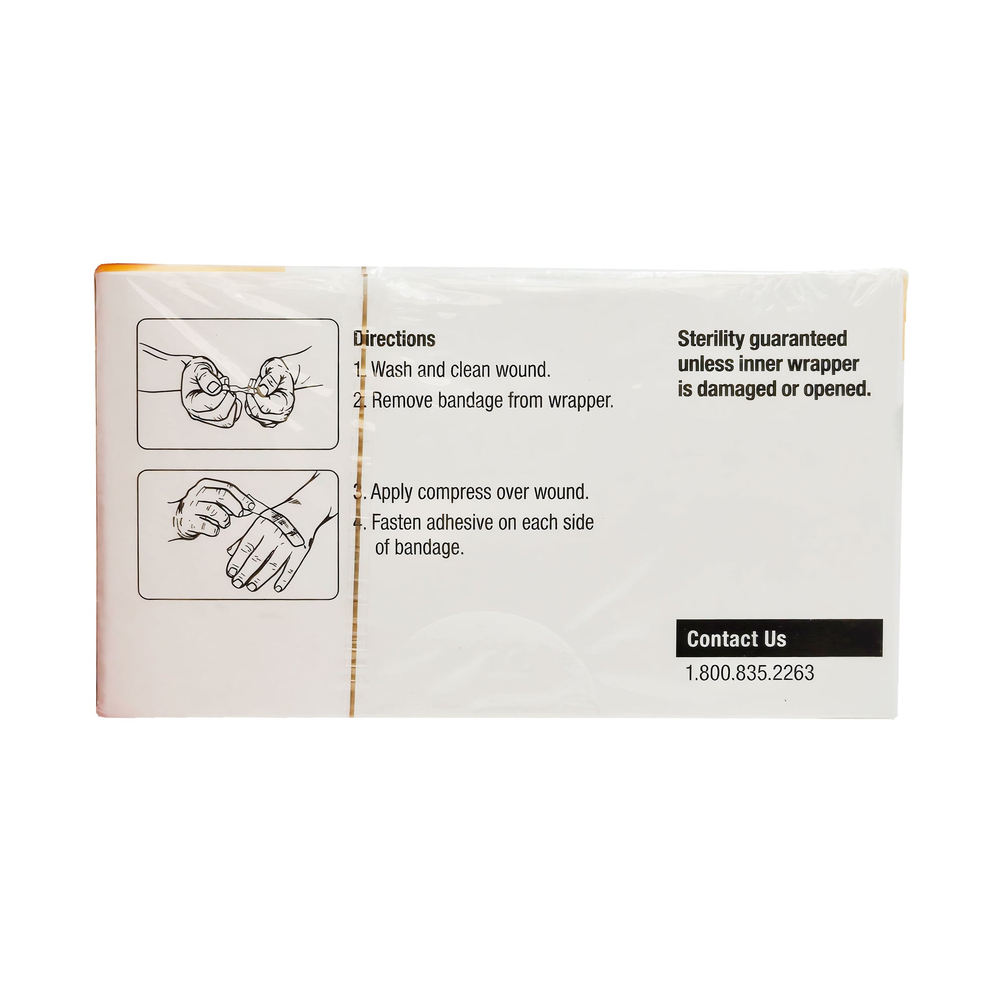Back of First Aid Only fabric bandage box showing illustrated directions for use and sterility guarantee warning