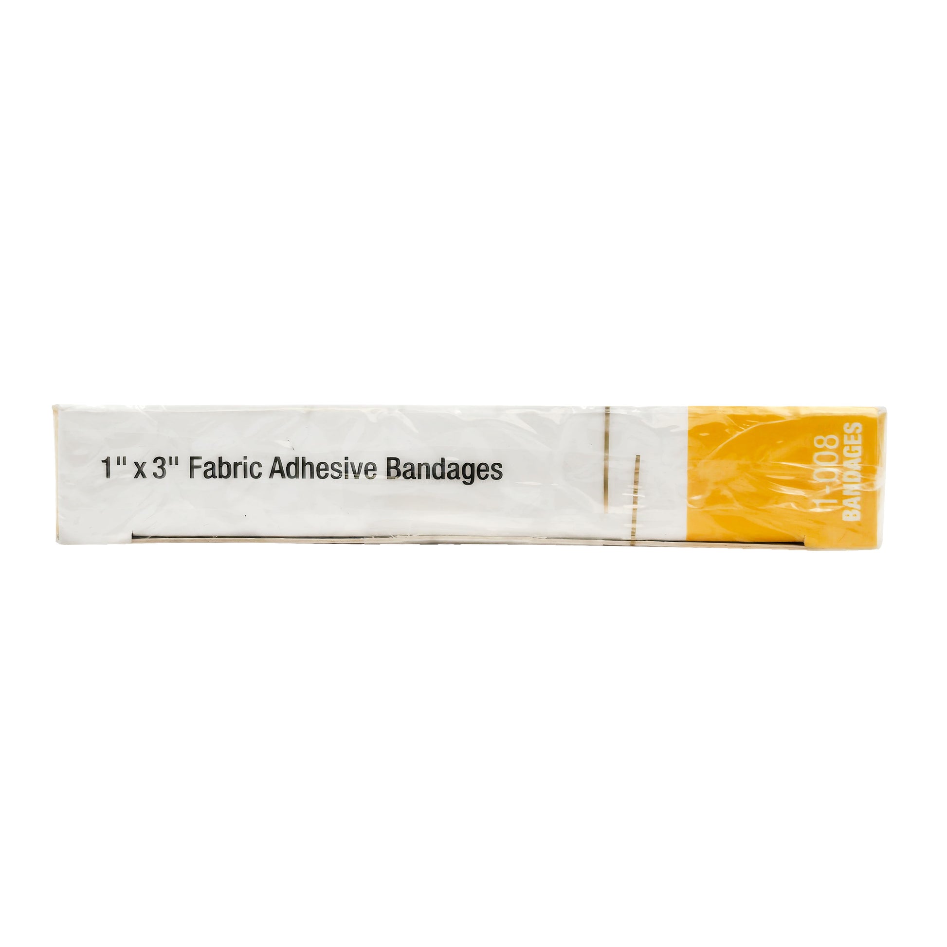 Side panel of First Aid Only bandage box showing 1x3 inch fabric adhesive bandages text and yellow wrapper