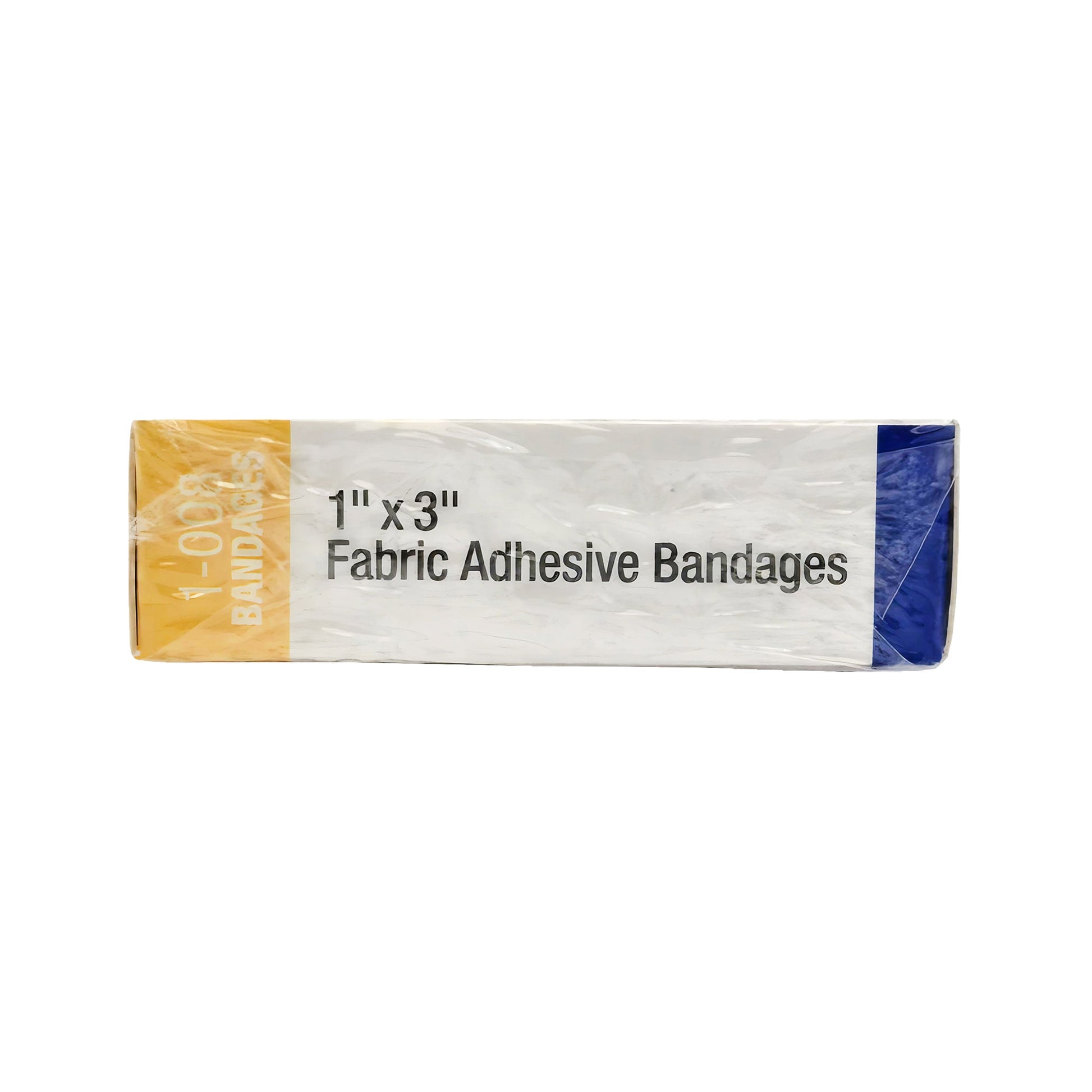 Top view of First Aid Only bandage box with product size and yell