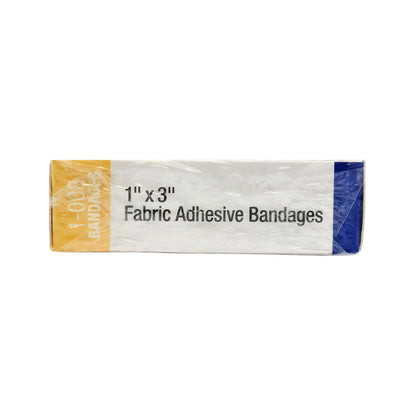 Top view of First Aid Only bandage box with product size and yell