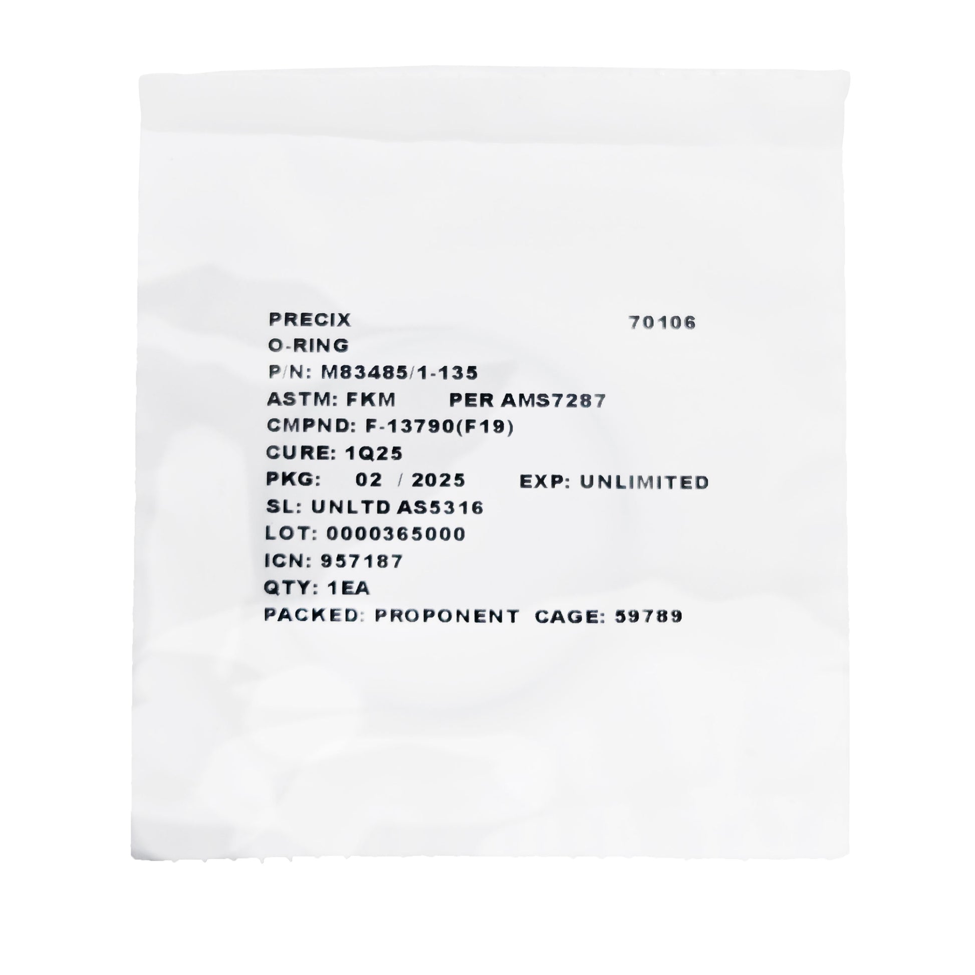 Label close-up of Military Specification O-Ring M83485/1-135 showing part number, material spec, and cure date.
