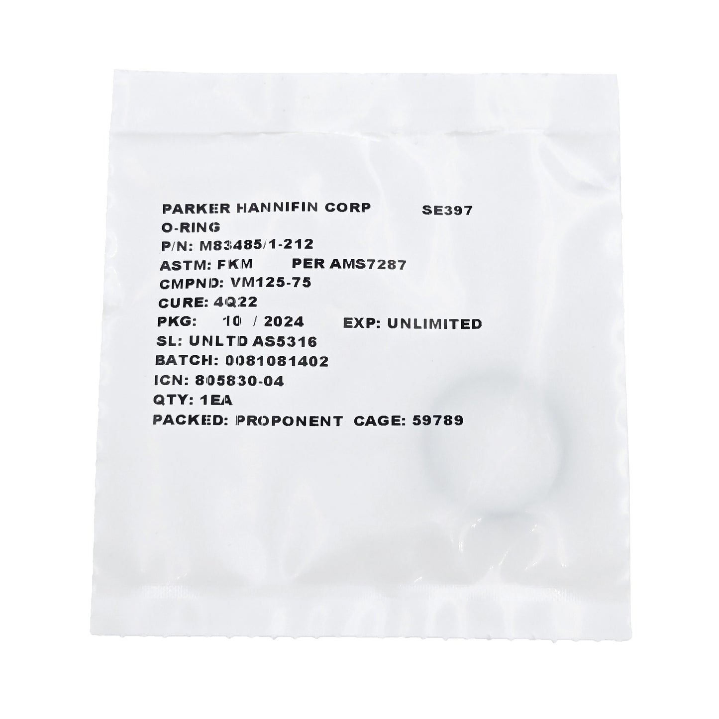 Top-down view of Military Specification O-Ring M83485/1-212 showing circular black elastomeric seal on white packaging.