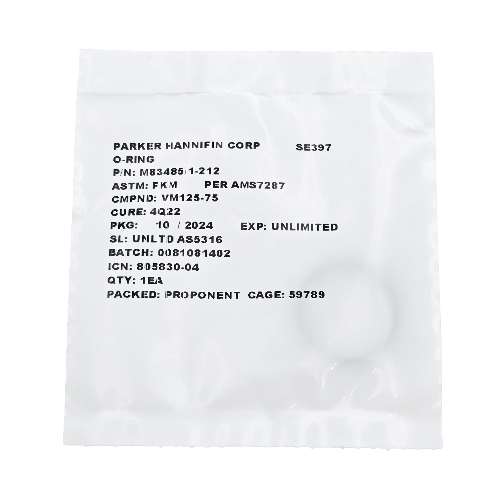 Top-down view of Military Specification O-Ring M83485/1-212 showing circular black elastomeric seal on white packaging.