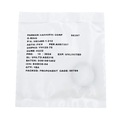 Top-down view of Military Specification O-Ring M83485/1-212 showing circular black elastomeric seal on white packaging.