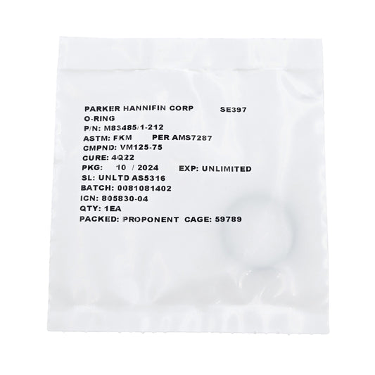 Top-down view of Military Specification O-Ring M83485/1-212 showing circular black elastomeric seal on white packaging.