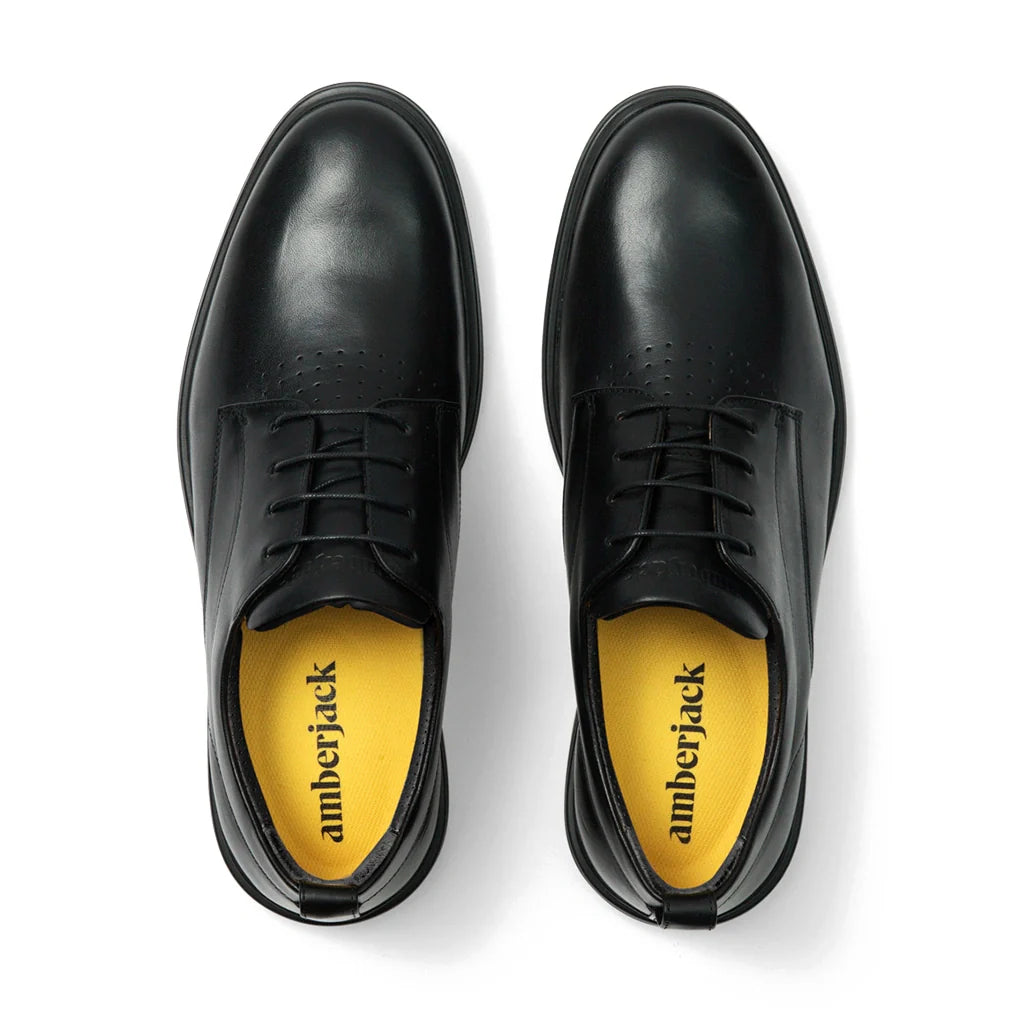 Amberjack The Original Obsidian black pilot dress oxford shoe, left side view, TSA-compliant lace-up | Top Veiw