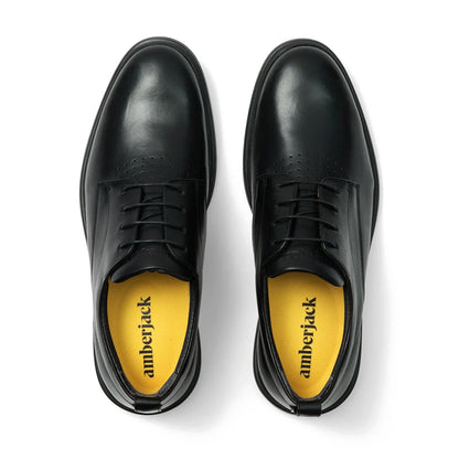 Amberjack The Original Obsidian black pilot dress oxford shoe, left side view, TSA-compliant lace-up | Top Veiw