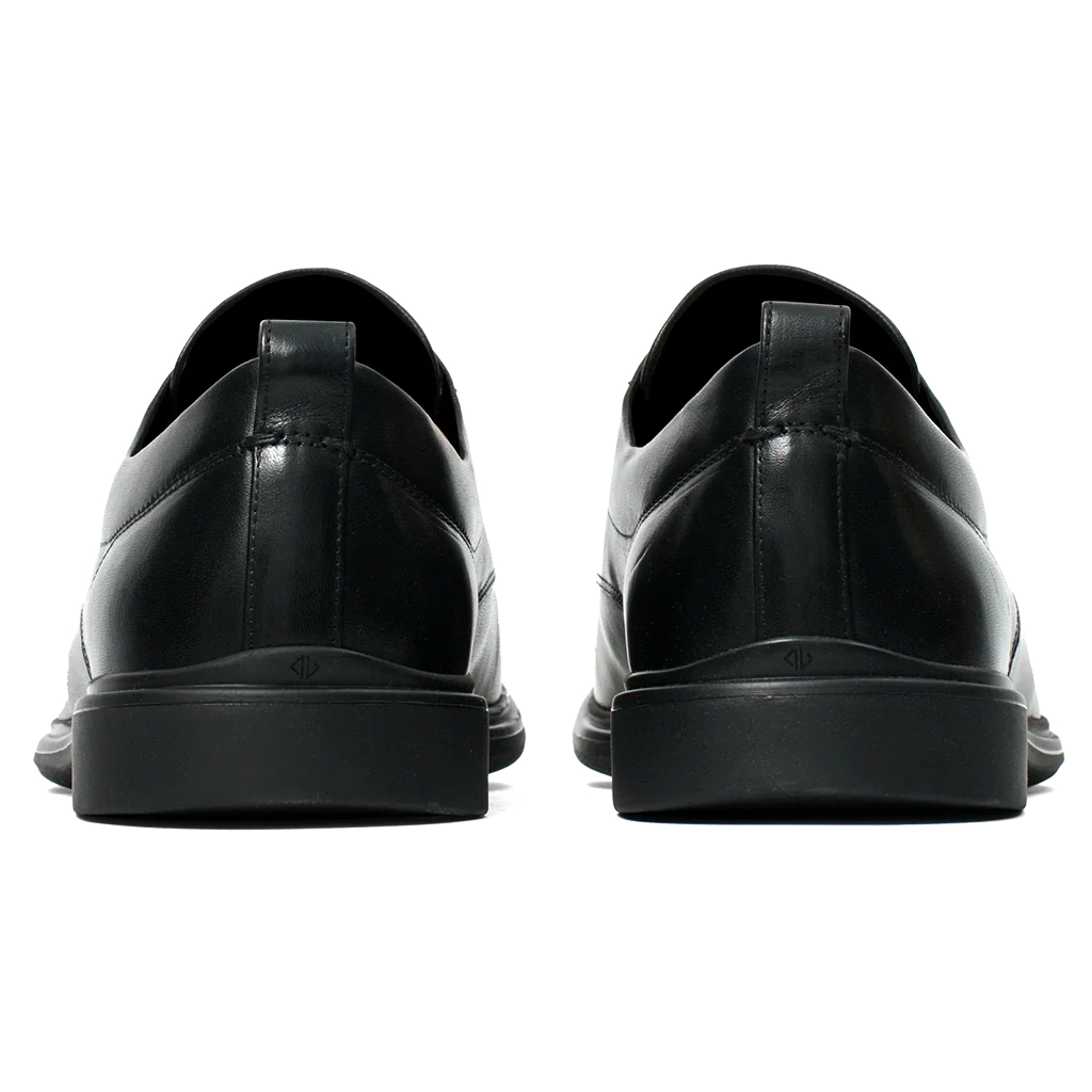 Amberjack The Original Obsidian black pilot dress oxford shoe, left side view, TSA-compliant lace-up | Back