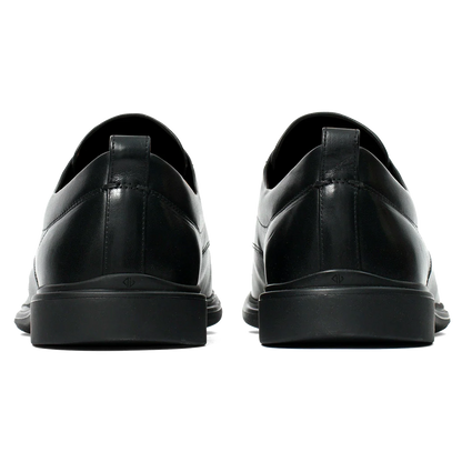 Amberjack The Original Obsidian black pilot dress oxford shoe, left side view, TSA-compliant lace-up | Back