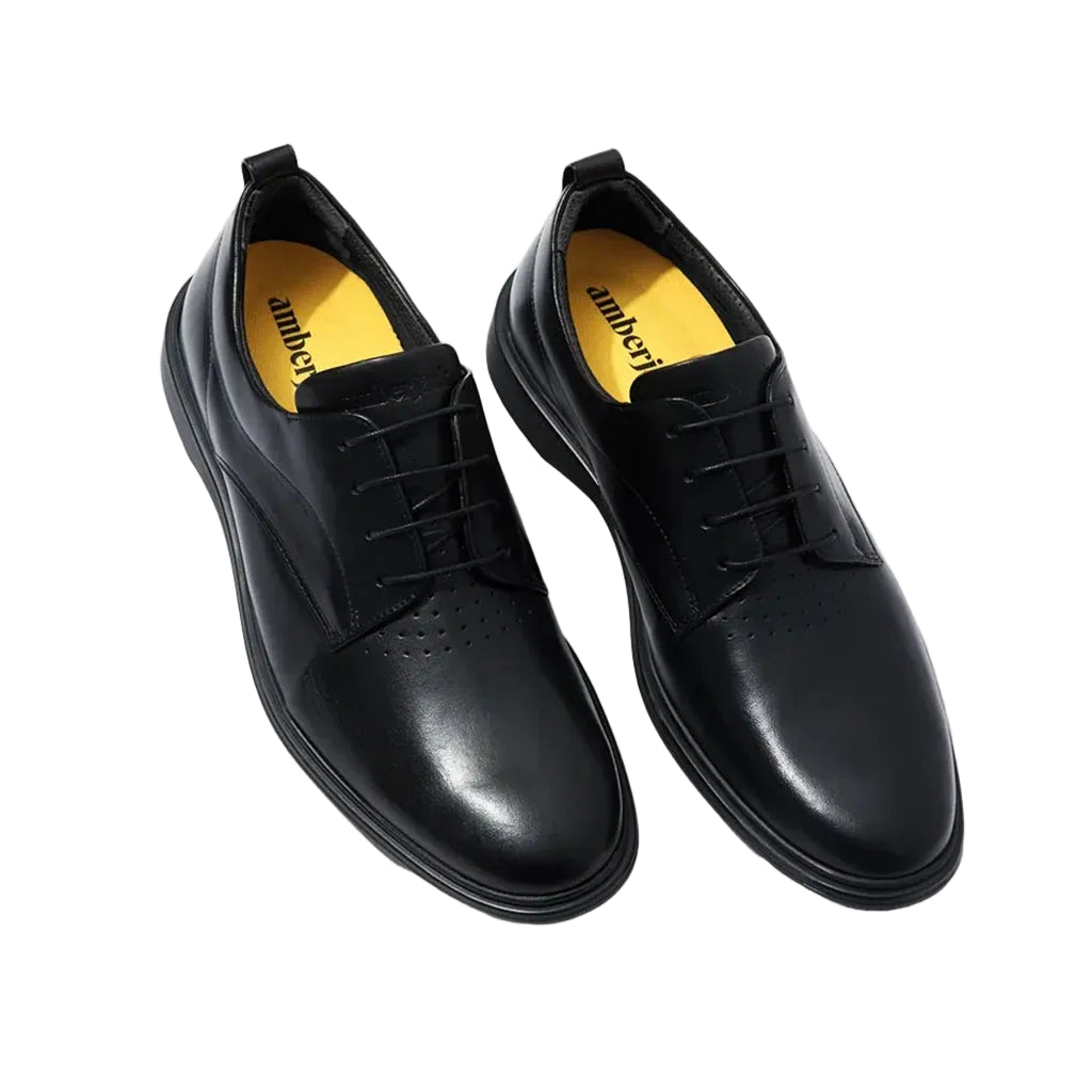 Amberjack The Original Obsidian black pilot dress oxford shoe, left side view, TSA-compliant lace-up | Angled Veiw