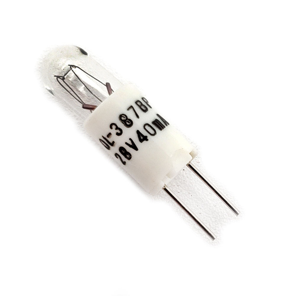 Oshino Incandescent Aircraft Lamp 28V OL-387BP – Slightly Angled Left View with Printed Part Number, Voltage, and Visible Prongs