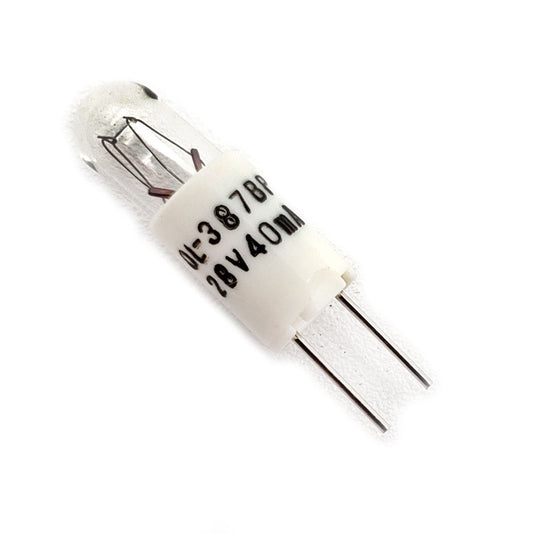 Oshino Incandescent Aircraft Lamp 28V OL-387BP – Slightly Angled Left View with Printed Part Number, Voltage, and Visible Prongs