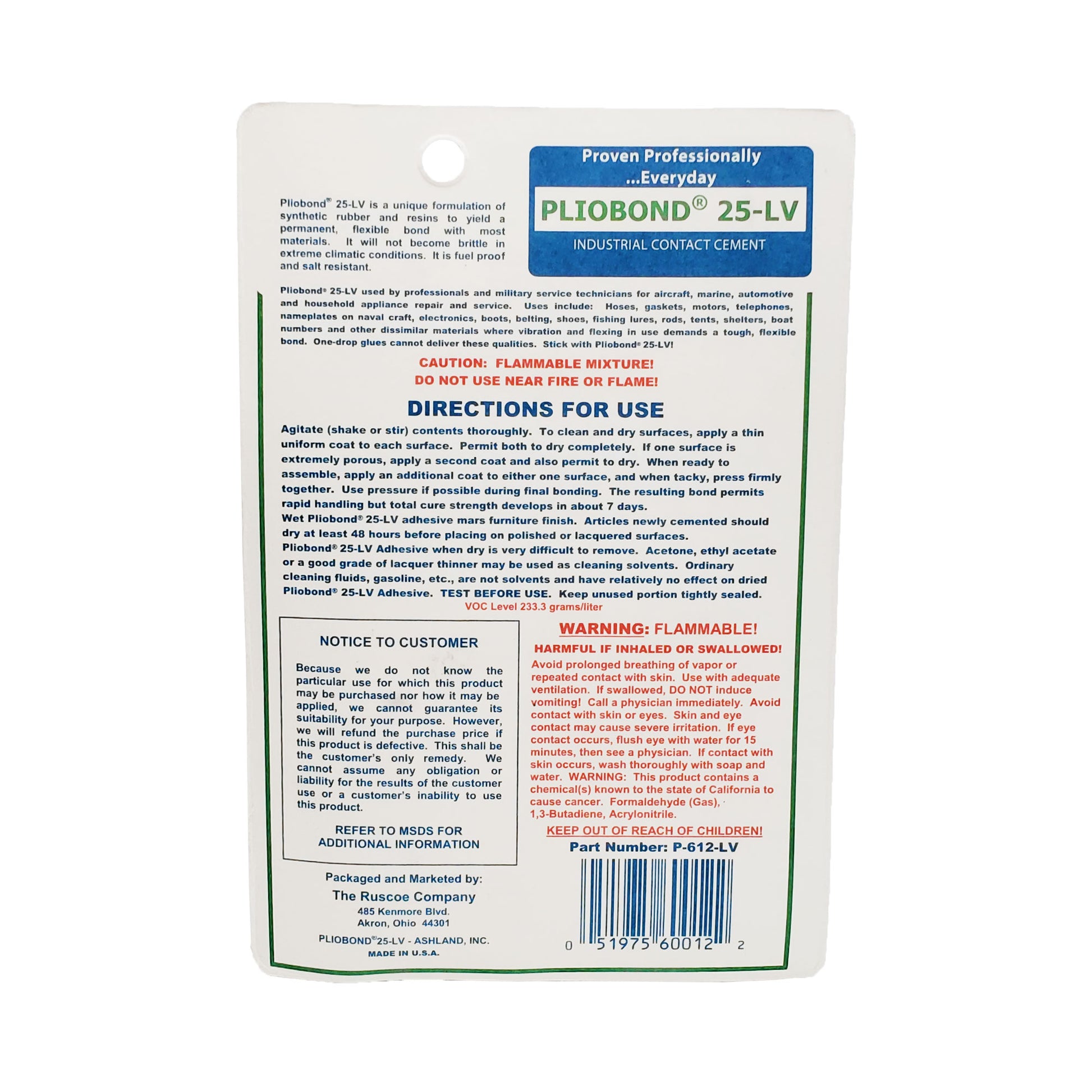 Back of Pliobond 25 LV Adhesive packaging showing directions, safety warnings, and Ruscoe Company info.