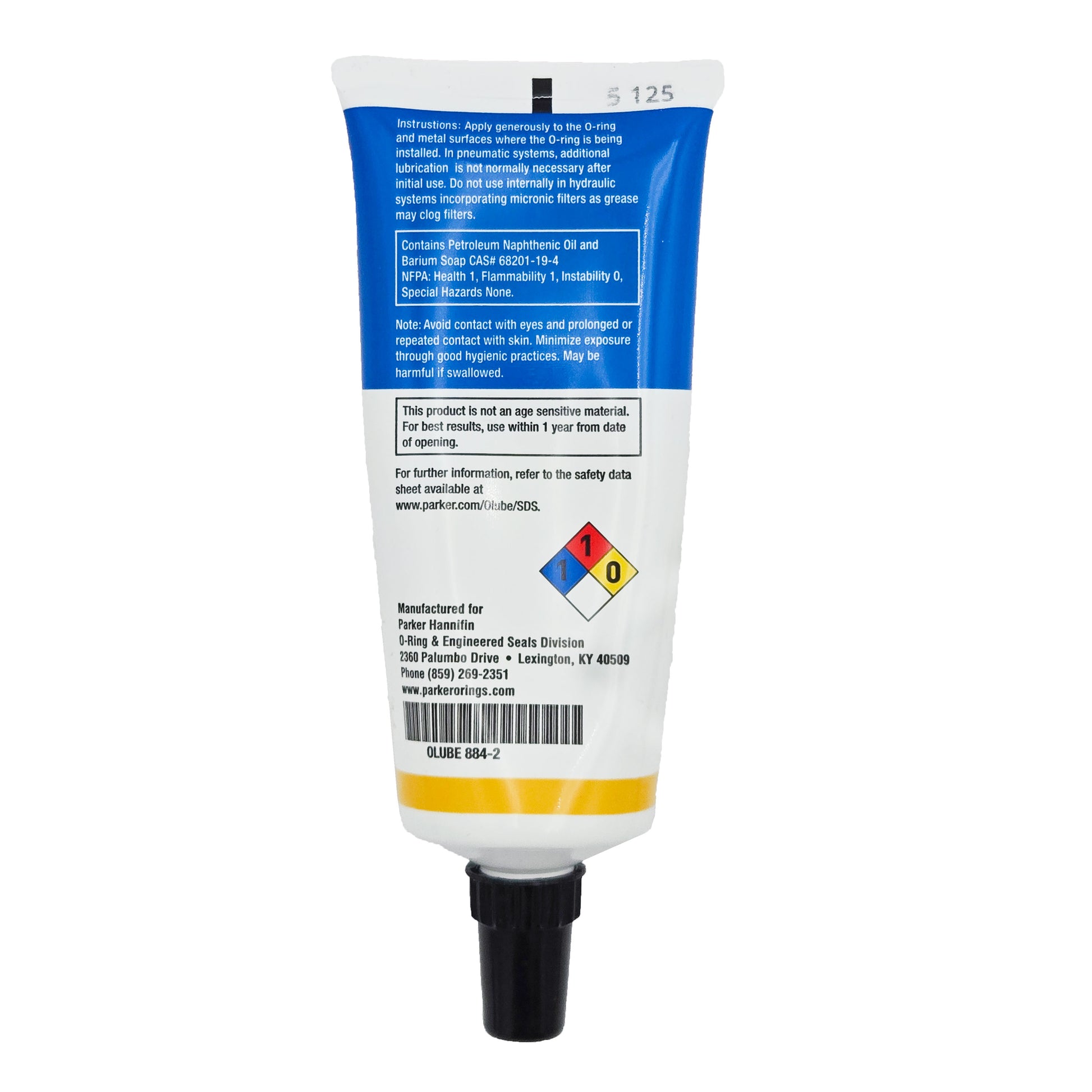 Back label of Parker O-Lube showing instructions, NFPA ratings, and part number OLUBE 884-2