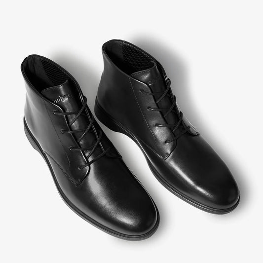 Amberjack Chukka Obsidian black pilot mid-cut boot, left side view, two-eyelet lace-up | Angled Veiw