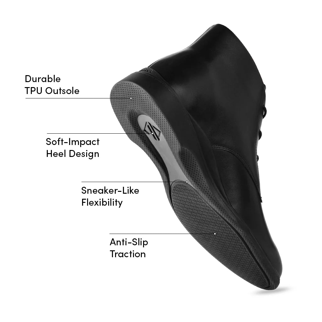 Amberjack Chukka Obsidian black pilot mid-cut boot, left side view, two-eyelet lace-up | Features
