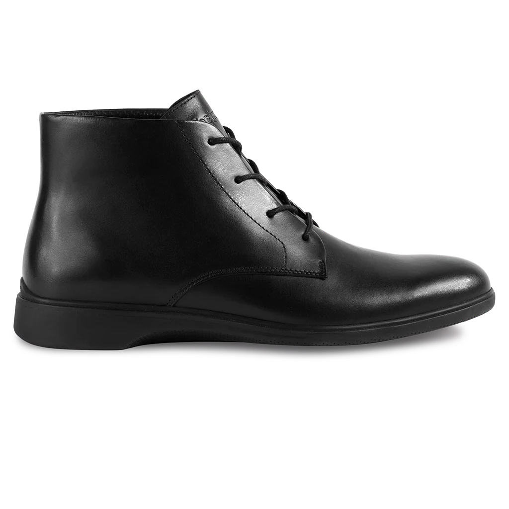 Amberjack Chukka Obsidian black pilot mid-cut boot, left side view, two-eyelet lace-up | Left