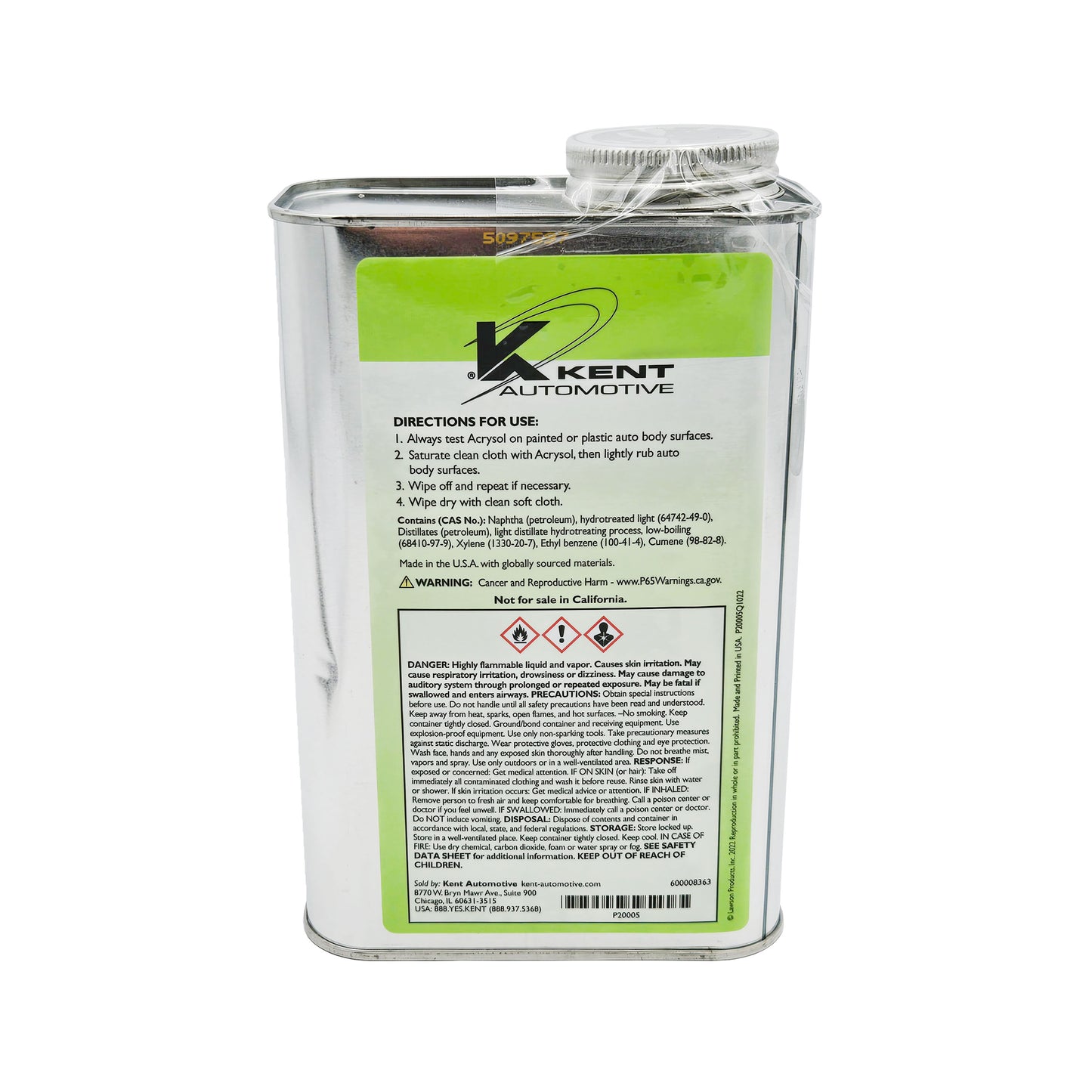 Kent Acrysol Auto Body Solvent – Back Label with Safety Instructions and Product Info