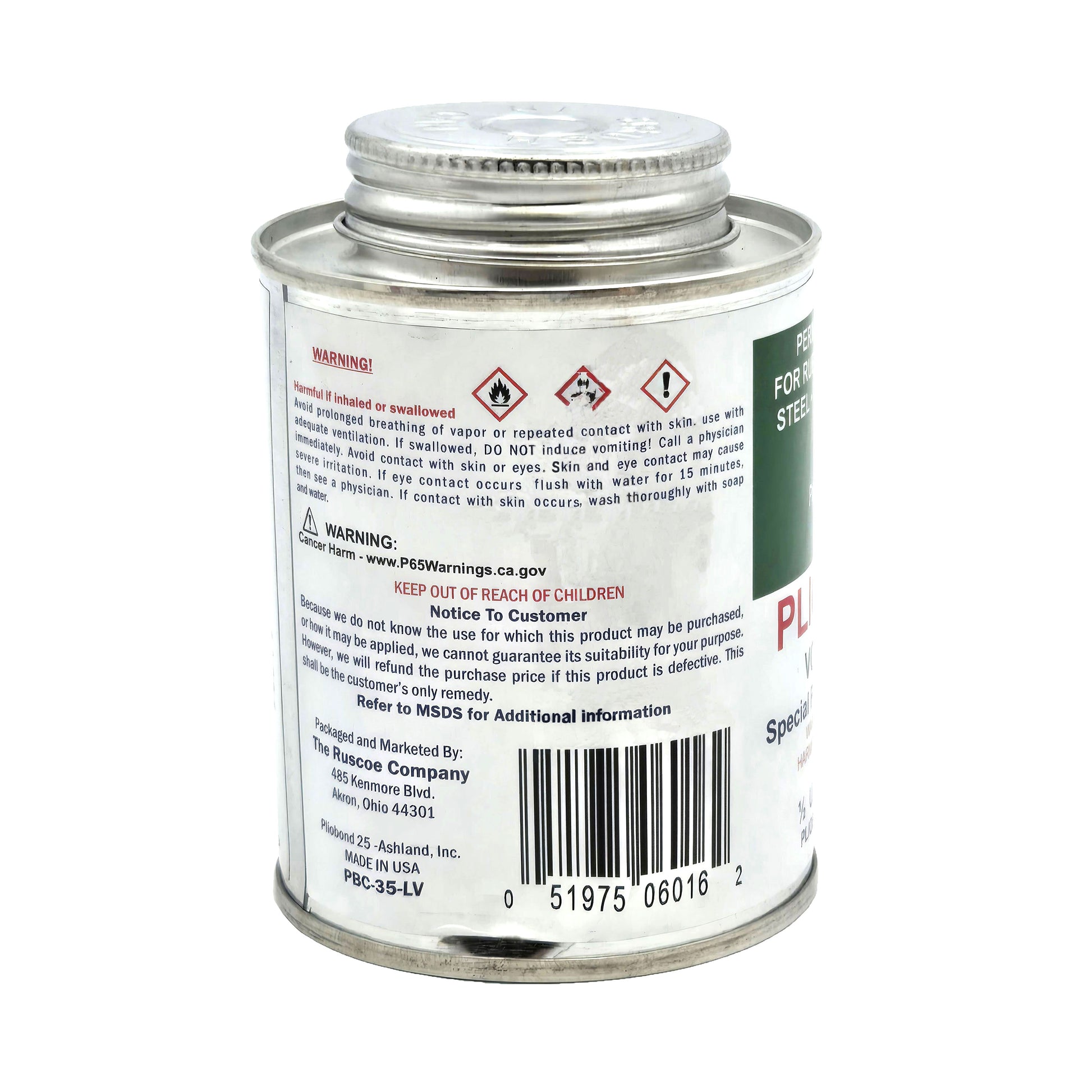 Ashland Pliobond 35 LV VOC-Compliant Contact Adhesive half-ounce oil can back view with product details - reliable contact adhesive