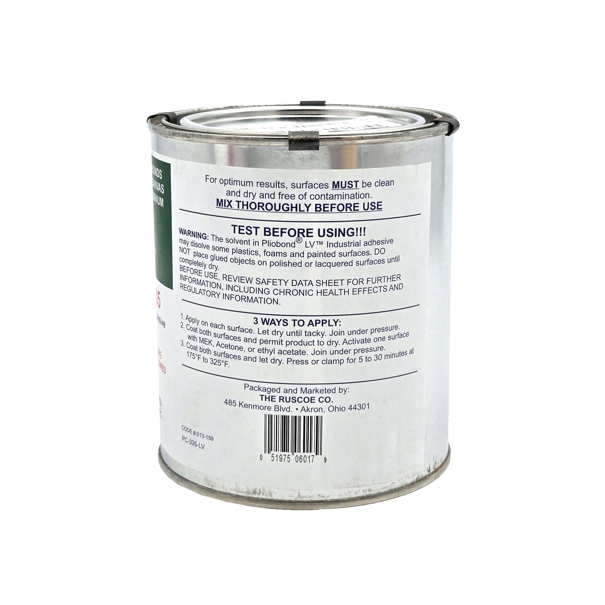 Ashland Pliobond 35 LV VOC-Compliant Contact Adhesive quart oil can back view with product specifications - industrial-grade adhesive