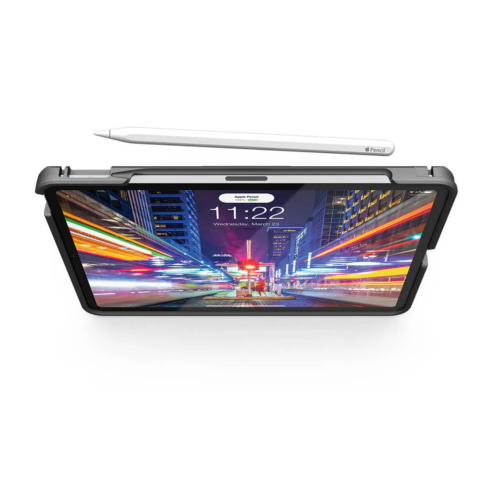 Front view of PIVOT A20A Atlas Series iPad case with Apple Pencil attached