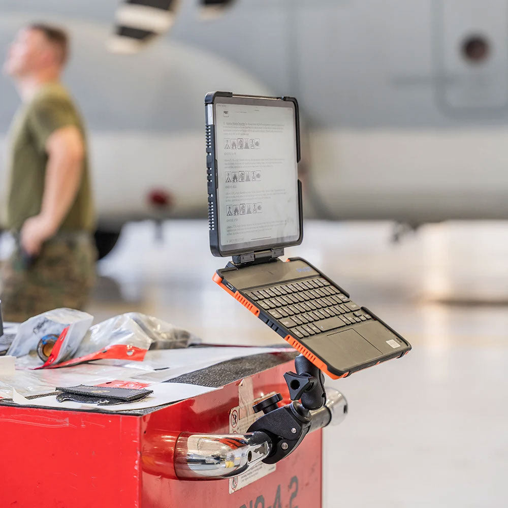 PIVOT Claw Mount attached to equipment with PIVOT tablet case for hands-free mobile device mounting